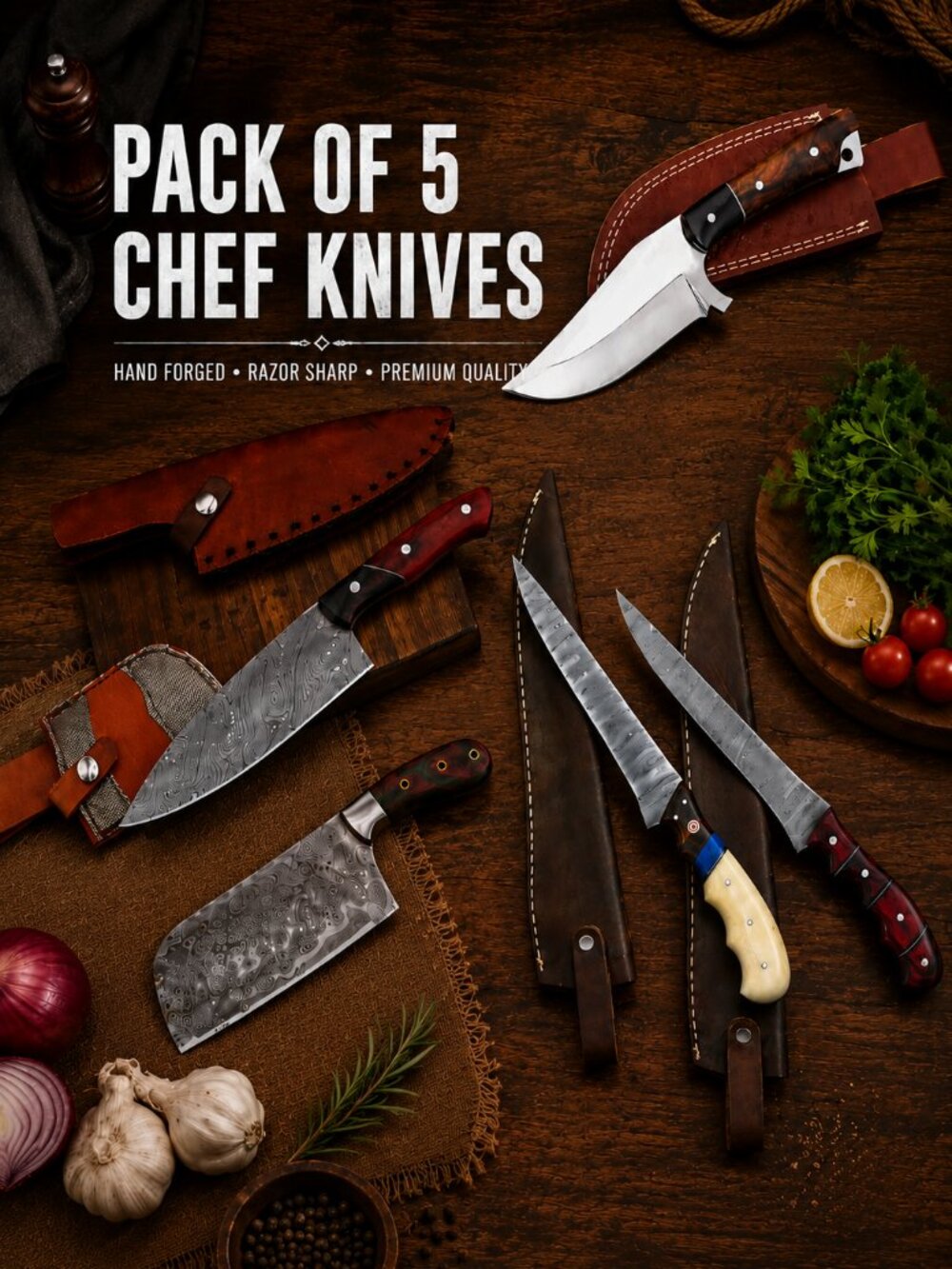5 Pc Damascus Knife Set Handmade Chef Fillet Cleaver Skinner Kitchen Knives